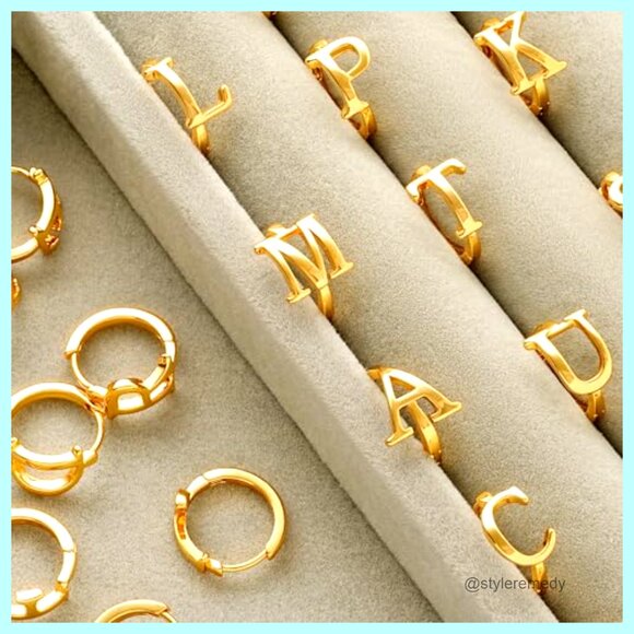 Personalized Initial Huggie Hoop Earrings, 14K Gold Plated, Hypoallergenic, 12mm - Picture 6 of 7